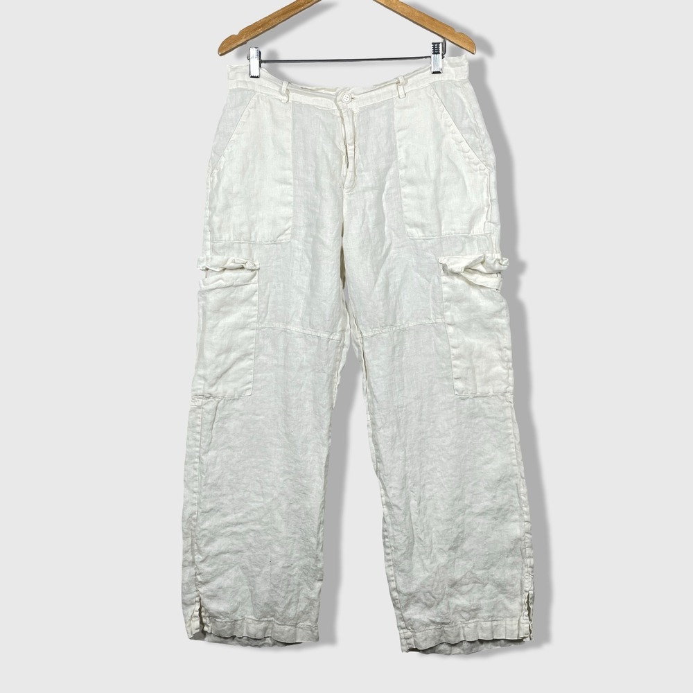 8 BY YOOX Cargo Pants Women 14 White 100% Linen Wide Leg Coastal Resortwear